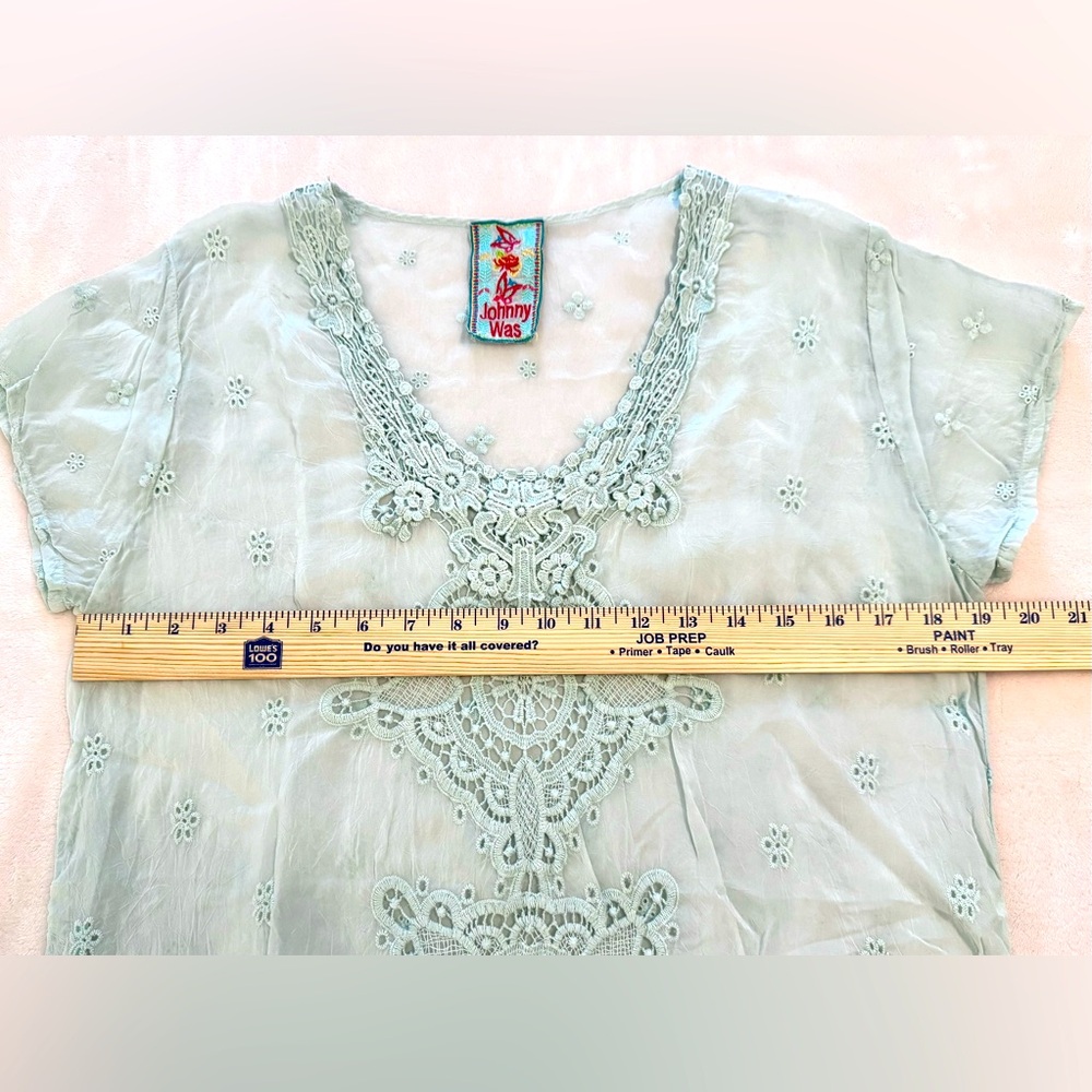 Johnny Was Kelso Eyelet Tunic Womens Sz S Short Sleeve Long Top in Arctic Mist - Picture 9 of 12